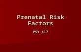 Prenatal Risk Factors PSY 417. Maternal Status Maternal Nutrition Maternal Nutrition –Protein –Folic Acid Maternal Diseases Maternal Diseases –HIV –Diabetes.