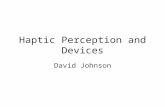 Haptic Perception and Devices David Johnson. What is Haptics? adj. Of or relating to the sense of touch; tactile. [Greek haptikos, from haptesthai, to.