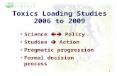 Toxics Loading Studies 2006 to 2009 Science  Policy Studies  Action Pragmatic progression Formal decision process 1.