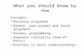 What you should know by now Concepts: Pairwise alignment Global, semi-global and local alignment Dynamic programming Sequence similarity (Sum-of-Pairs)
