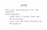 1 JAXB The Java Architecture for XML Binding Bibliography: - JAXB User’s Guide from Sun Microsystems - Java and XML Data Binding by McLaughlin.