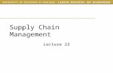 Supply Chain Management Lecture 23. Semester Outline Thursday April 8Chap 14 Tuesday April 13Paul Dodge guest lecture Thursday April 15Chap 14, 15 Tuesday.
