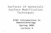 1 Surfaces of materials Surface Modification Techniques U785 Introduction to Nanotechnology Spring 2003 Lecture 3.