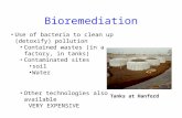 Bioremediation Use of bacteria to clean up (detoxify) pollution Contained wastes (in a factory, in tanks) Contaminated sites soil Water Other technologies.