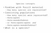 Species concepts Problem with fossil material – How many species are represented? Coexisting populations – How many species were represented? – Homo sapiens.