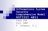 Informations System Security Comprehensive Model NSTISSI 4011 COEN 250 Fall 2007 T. Schwarz, S.J.