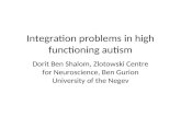 Integration problems in high functioning autism Dorit Ben Shalom, Zlotowski Centre for Neuroscience, Ben Gurion University of the Negev.