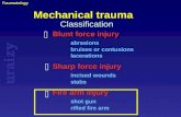 Uraizy Traumatology Mechanical trauma Blunt force injury abrasions bruises or contusions lacerations Sharp force injury incised wounds stabs Fire arm injury
