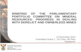 BRIEFING OF THE PARLIAMENTARY PORTFOLIO COMMITTEE ON MINERAL RESOURCES: PROGRESS IN DEALING WITH DERELICT AND OWNERLESS MINES 12 November 2014 Committee.