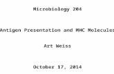 Microbiology 204 Antigen Presentation and MHC Molecules Art Weiss October 17, 2014.