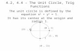 4.2, 4.4 – The Unit Circle, Trig Functions The unit circle is defined by the equation x 2 + y 2 = 1. It has its center at the origin and radius 1. (0,