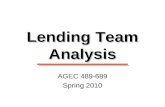 Lending Team Analysis AGEC 489-689 Spring 2010. Factors to Consider Credit scores assessing the borrower’s existing credit history. Business plan and.