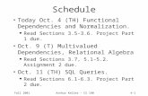 Fall 2001Arthur Keller – CS 1804–1 Schedule Today Oct. 4 (TH) Functional Dependencies and Normalization. u Read Sections 3.5-3.6. Project Part 1 due. Oct.