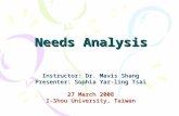 Needs Analysis Instructor: Dr. Mavis Shang Presenter: Sophia Yar-ling Tsai 27 March 2008 I-Shou University, Taiwan.