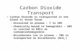 Carbon dioxide is transported in the blood in three forms –Dissolved in plasma – 7 to 10% –Chemically bound to hemoglobin – 20% is carried in RBCs as carbaminohemoglobin.