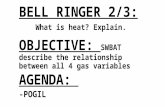 BELL RINGER 2/3: What is heat? Explain. OBJECTIVE: SWBAT describe the relationship between all 4 gas variables AGENDA: -POGIL.
