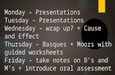 Monday – Presentations Tuesday – Presentations Wednesday – wrap up? + Cause and Effect Thursday – Basques + Moors with guided worksheets Friday – take.