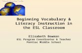 Beginning Vocabulary & Literacy Instruction in the ESL Classroom Elisabeth Bowman ESL Program Coordinator & Teacher Pontiac Middle School.