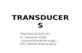 TRANSDUCERS PRESENTATION BY: Er. Harpreet Singh Lecturer(Electrical engg.) GPC Mohali (Khunimajra)