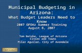 Municipal Budgeting in Arizona: What Budget Leaders Need to Know Tom Belshe, League of Arizona Cities and Towns Pilar Aguilar, City of Avondale 2007 GFOAz.