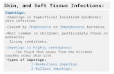 Skin, and Soft Tissue Infections: Impetigo: -Impetigo is Superficial localized epidermis-skin infection. -Caused by Streptococcus or Staphylococcus bacteria.