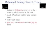 Balanced Binary Search Trees height is O(log n), where n is the number of elements in the tree AVL (Adelson-Velsky and Landis) trees red-black trees get,