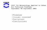 COST 715 Meteorology Applied to Urban Air Pollution Problems September 98-September 2003 Problem Issues covered Successes Conclusions.