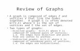 Review of Graphs A graph is composed of edges E and vertices V that link the nodes together. A graph G is often denoted G=(V,E) where V is the set of vertices.