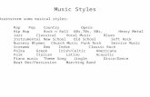 Music Styles Brainstorm some musical styles: RapPopCountryOpera Hip HopRock n Roll60s,70s, 80s, Heavy Metal JazzClassicalVocal MusicBlues InstrumentalNew.