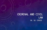 CRIMINAL AND CIVIL LAW CH. 16: CIVICS. LESSON 1 DIRECTIONS: COMPLETE THE CHART INFORMATION ABOUT CIVIL LAW, CRIMINAL LAW, AND THE JUVENILE JUSTICE SYSTEM.