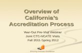 Overview of California’s Accreditation Process Year-Out Pre-Visit Webinar Joint CTC-NCATE Visits Fall 2011-Spring 2012 Ensuring Educator Excellence.