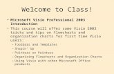 Welcome to Class! Microsoft Visio Professional 2003 Introduction This course will offer some Visio 2003 tricks and tips on flowcharts and organization.