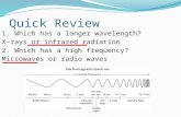Quick Review 1. Which has a longer wavelength? X-rays or infrared radiation 2. Which has a high frequency? Microwaves or radio waves.