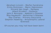 Abraham Lincoln – Marfan Syndrome Emily Dickinson – Manic Depression Vincent Van Gogh – Epilepsy Albert Einstein – Dyslexia John F. Kennedy – Addison’s.