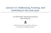 Lecture 11: Addressing, Framing, and Switching in the Link Layer CS 3035/GZ01: Networked Systems Kyle Jamieson Department of Computer Science University.
