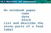 32.1 Nutrients and Homeostasis On notebook paper name date block List and describe the seven parts of a food label.