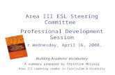 Area III ESL Steering Committee Professional Development Session For Wednesday, April 16, 2008. Building Academic Vocabulary A summary prepared by Christine.