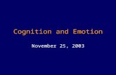 Cognition and Emotion November 25, 2003. Areas of Inquiry Effect of emotion on performance (e.g., memory, perception, attention) Information processing.
