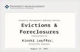 Property Management Webinar Series Evictions & Foreclosures Instructed by Kinski Leuffer, Associate Counsel August 17, 2011.