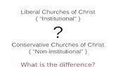 Liberal Churches of Christ ( “Institutional” ) ? Conservative Churches of Christ ( “Non-institutional” ) What is the difference?