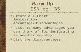 Warm Up: ISN pg. 35 Create a T-Chart: Immigration: Advantage/Disadvantages List as many advantages you can think of for immigrating to another country.