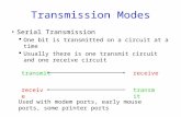Transmission Modes Serial Transmission  One bit is transmitted on a circuit at a time  Usually there is one transmit circuit and one receive circuit.