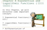1 Chapter 4 Exponential and Logarithmic Functions ( 指数函数和对数函数 ) In this Chapter, we will encounter some important concepts  Exponential Functions( 指数函数.