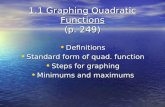 1.1 Graphing Quadratic Functions (p. 249) Definitions Definitions Standard form of quad. function Standard form of quad. function Steps for graphing Steps.