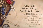 Ch. 13: Diversity, Conflict, and Union The ancient Greek and Roman civilizations and the Renaissance all began in Mediterranean Europe.