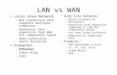 LAN vs WAN Local Area Network –Bus connection that supports multiple computers –Generally less expensive than WAN for comparable speed –Span relatively.