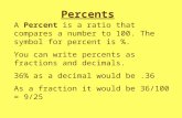 Percents A Percent is a ratio that compares a number to 100. The symbol for percent is %. You can write percents as fractions and decimals. 36% as a decimal.