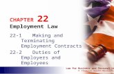 Law for Business and Personal Use © Thomson South-Western CHAPTER 22 Employment Law 22-1Making and Terminating Employment Contracts 22-2Duties of Employers.