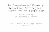 An Overview of Poverty Reduction Strategies: First FYP to Fifth FYP Presentation by Dr. Muhammad G. Sarwar Civil Service College, Dhaka 13 June 2011.