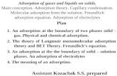Adsorption of gases and liquids on solids. Main conception. Adsorption theory. Capillary condensation. Molecular adsorption from the solution. Freundlich.
